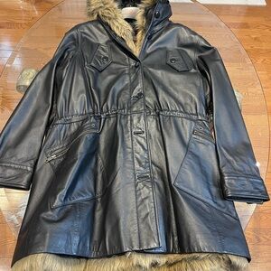 Danier Women’s Black Leather Coat with Faux Fur Trim